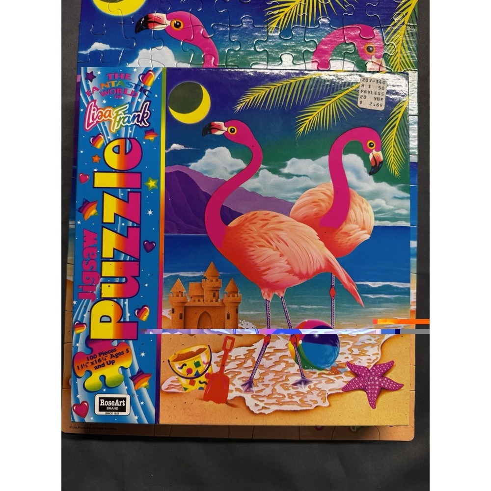 Vintage Lisa Frank Jigsaw Puzzle 100‎ Pieces Rose Art Flamingos Beach Complete